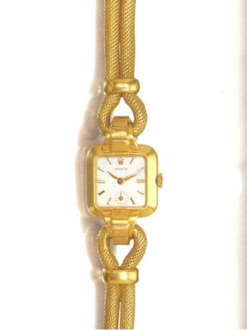 Rolex, Precision, Ref. 4381. Produced in the 1940's..Fine, carr_ coins arrondis, 18K pink gold lady's wristwatch with double-cord serpent 18K pink gold Rolex bracelet.