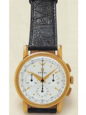 Omega, Ref. 2439. Produced in the 1950's.Fine and elegant, 14K yellow gold gentleman's wristwatch with square button chronograph, registers, tachometer and a 14K yellow gold Omega buckle.