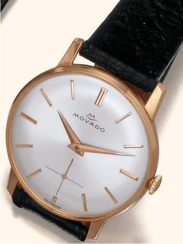 Movado, Ref. 58219. Produced in the 1960's.Fine pink gold-plated and stainless steel gentleman's wristwatch with a pink gold plated Movado buckle.
