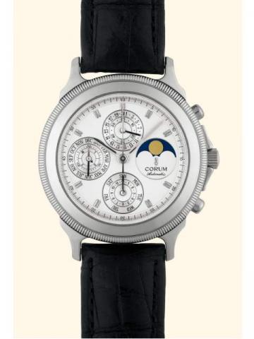 Corum Automatic Perpetual, No. 18/100, case No. 533318, Ref. 83.109.70. Produced in a limited edition of 100 in the 1990's.Very fine and important, astronomic, self-winding, water-resistant, platinum gentleman's wristwatch with round button chronograph, r