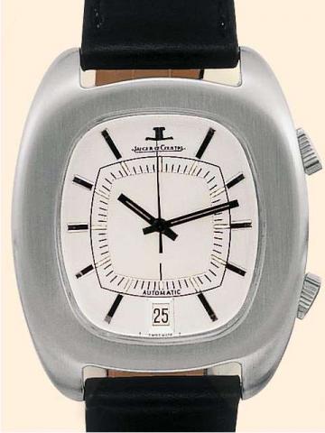 Jaeger LeCoultre, Memovox Automatic, Ref. E 872. Produced in the 1970's..Fine, cushion-shaped, center-seconds, self-winding, water-resistant, stainless steel gentleman's wristwatch with alarm, date and two crowns.
