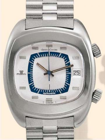 Jaeger LeCoultre, Memovox Automatic, Ref. E 871. Produced in the 1970's..Fine, cushion-shaped, center-seconds, self-winding, water-resistant, stainless steel gentleman's wristwatch with alarm, date, two crowns and a stainless steel Jaeger LeCoultre bracel