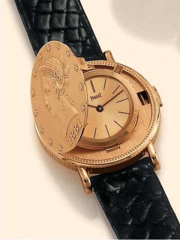 Piaget, Ref. 450 B. Produced in the 1990's..Very fine, 18K pink gold lady's wristwatch, set in a 10 U.S. Dollar coin dated 1881, with an 18K pink gold Piaget buckle. Accompanied by a box.