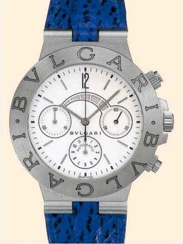 Bulgari, Automatic, Chrono Amplificator, Ref. CHW 40 AM. Pro-.duced in 2000..Fine and unusual, self-winding, water-resistant, 18K white gold gentleman's wristwatch with round button chrono-graph, registers and chronograph countdown display, blue leather s