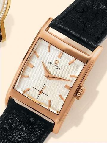 Omega, Ref. 3946. Produced circa 1955..Fine, rectangular curved and faceted, 18K pink gold gentleman's wristwatch.
