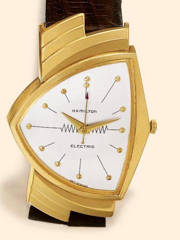 Hamilton Electric, Ventura, No. S 201500. Production of this model started in 1957.Fine and unusual center-seconds, triangular asymmetrical, 14K yellow gold gentleman's wrist-watch with electrically-driven balance.