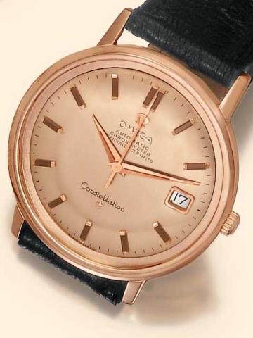Omega, Automatic Chronometer, Officially Certified, Constellation - De Ville - Calendar, Ref. 168004/14. Production of this model started in 1960.Very fine, center-seconds, self-winding, water-resistant, 18K pink gold gentleman's wristwatch with instantan
