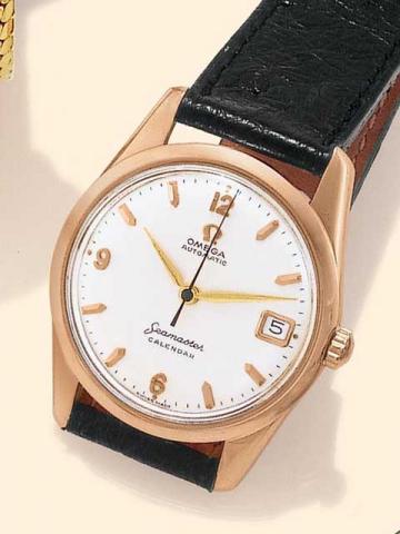 Omega Automatic, Seamaster Calendar, No. 17445392, case No. 14701. Produced circa 1959.Fine, center-seconds, self-winding, water-resistant, 18K pink gold gentleman's wristwatch with date.