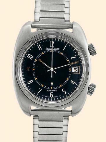 Jaeger LeCoultre, Memovox, Ref. 876. Produced in the 1970's.Fine, center-seconds, self-winding, water-resistant, rectangular galb_, stainless steel gentleman's wristwatch with date, alarm and two crowns, with a stainless steel bracelet.