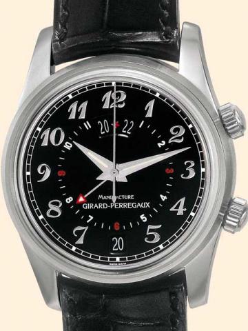 Girard-Perregaux, Traveller II, Ref. 49350, No. 2670. Produced circa 2000.Very fine, self-winding, two time zone, wa-ter-resistant to 3 atm., stainless steel, gentleman's wristwatch with date, and a stainless steel Girard-Perregaux buckle. Accompanied by 