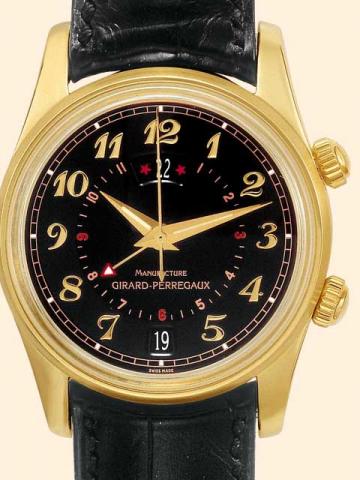 Girard-Perregaux, Traveller II, Ref. 49350,No. 2670.Produced circa 2000.Very fine, self-winding, two time zone, water-resistant to 3 atm., 18K yellow gold, gentleman's wristwatch with date, and an 18K yellow gold Girard-Perregaux buckle. Accompanied by a 