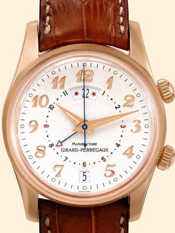 Girard-Perregaux, Traveller II, Ref. 49350, No. 2670. Produced circa 2000.Very fine, self-winding, two time zone, wa-ter-resistant to 3 atm., 18K pink gold, gentleman's wristwatch with date, and a 18K pink gold Girard-Perregaux buckle. Ac-companied by a f