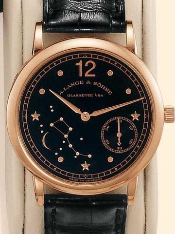 A. Lange & S_hne, Emil Lange, No. 14135, Ref. 101.032, case No. 124093. Produced circa 2000.Very fine, water-resistant to 3 atm., 18K pink gold, gentleman's wristwatch with off-center seconds, moon phases and an 18K pink gold Lange buckle. Accompanied by 