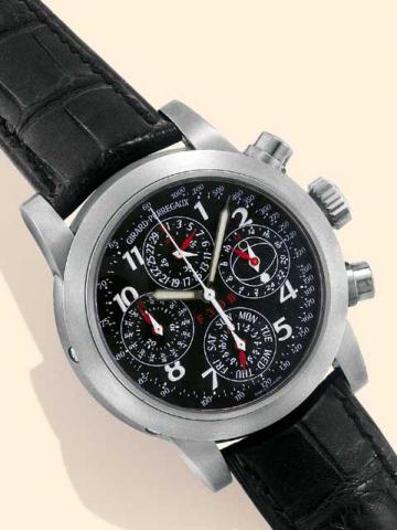 Girard-Perregaux, Ferrari Chronograph F310B, Ref. 9026, No. 5/149. Produced es-pecially for Ferrari, F 310 B, from a limited edition of 149 examples in 1997.Fine and rare, self-winding, water-resistant, titanium gentleman's wristwatch with round button ch