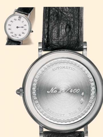 Breguet, No. 24 / 400, Heures sautantes, Ref. 3322 PT. Produced in a limited edition of 400 examples in 1990.Very fine and rare, jumping-hour, self-winding, plati-num gentleman's wristwatch with a platinum Breguet buckle, original fitted box and certifica