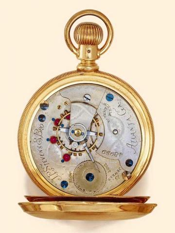 J.P. Stevens & Bro., Atlanta, GA, made by Aurora, No. 48929, circa 1885.Fine and very rare, 14K rose gold, hunting-cased, keyless watch with a patented regulator.