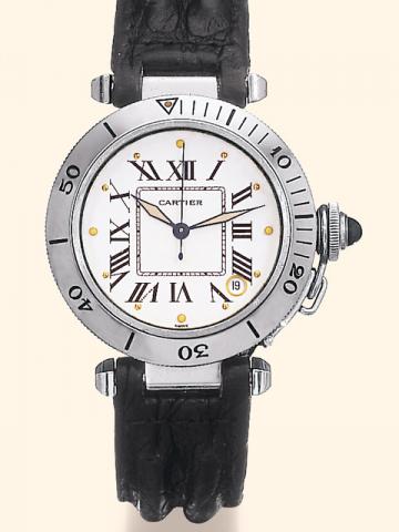 Cartier, Pasha, Ref. 40102205. Produced in the 1990's.Fine, center-seconds, self-winding, water-resistant down to 330 ft/100 m, stainless steel gentleman's wristwatch with date and a stainless steel Cartier deployant clasp.