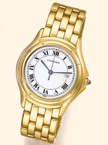 Cartier Paris, Cougar, Ref. 1301. Produced in the 1990's.Fine, center-seconds, water-resistant, 18K yellow gold gentleman's quartz wristwatch with date and an 18K yellow gold Cartier bracelet 