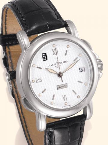 Ulysse Nardin, Locle, Suisse, San Marco GMT +/, No. 40/50, Ref. 209-20. Produced in a limited edition of 50 examples circa 1995.Very fine and rare, center-seconds, self-winding, water-resistant to 100 meters, two timezone and 24 hour indication, platinum 