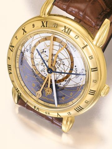 Ulysse Nardin, Locle, Suisse, Astrolabium Galileo Galilei, No. 028, Ref. 961-22. Produced in the 1990's.Very fine and unusual, astronomic, self-winding, water-resistant, 18K yellow gold gentleman's wristwatch with functions of the astrolabe, days and mont