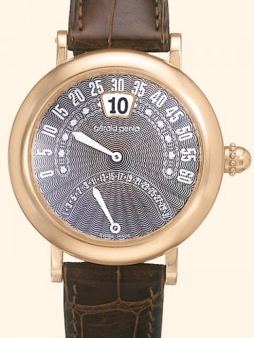 G_rald Genta, Double R_tro Classic, Ref. G 3714. Produced in the 1990's.Fine and unusual, jump-hour, self-winding, water-resistant, 18K pink gold gentleman's wristwatch with retrograde minutes and date, 40 hours autonomy and an 18K pink gold G_rald Genta 