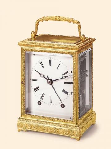 Lamy Lacroix, Fumey, French, circa 1850.Fine large eight-day going gilt brass Grande Sonnerie carriage clock with pull alarm.