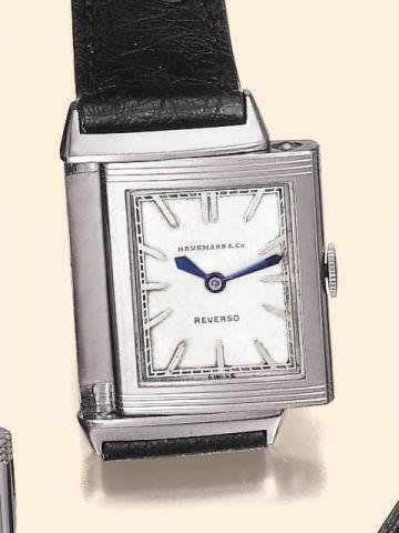 Hausmann & Co., Reverso, No. 222836, Ref. 5357. Produced in the 1940's.Fine rectangular stainless steel reversible gentleman's wristwatch with a Jaeger LeCoultre steel buckle.