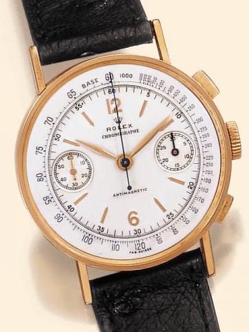 vRolex, Chronographe Antimagnetic, Ref. 3371. Produced in the 1940 's.Very fine, large and rare, 18K pink gold gentleman's wristwatch with square button chronograph, register and tachometer with a gold plated Rolex buckle.