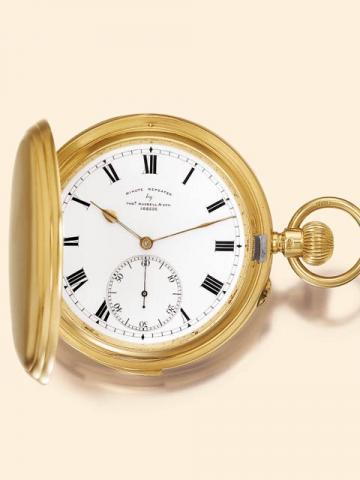 Thomas Russel & Son, Liverpool, No. 102526, Swiss movement, circa 1910.Fine 18K gold hunting cased keyless minute-repeating watch.
