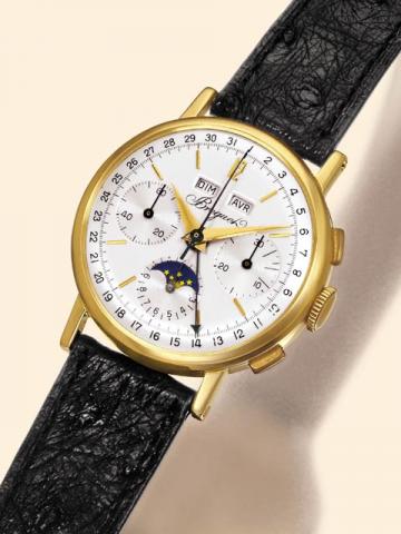 Breguet, Ref. 4538. Produced in the 1950's. Sold to M. Cartier on December 27, 1969.Very fine and rare, astronomic, 18K yellow gold gentleman's wristwatch with square button chronograph, registers, triple date calendar and moon phases with an 18K yellow g