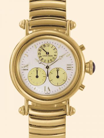 Cartier Paris, Diabolo Chronoreflex, Ref. 14000. Produced in the 1990's.Fine, water-resistant, 18K yellow gold gentleman's quartz wristwatch with round button chronograph, registers and date and an 18K yellow gold Cartier bracelet and clasp.