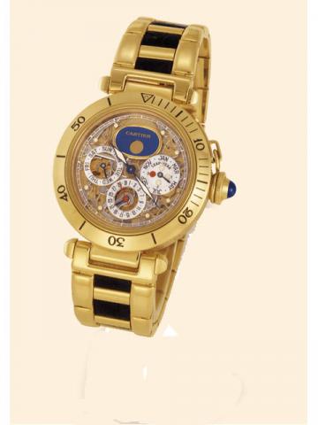Cartier, Pasha Tourbillon Automatique Perp_tuelle, No. 103, Ref. T 1066. Produced in the 1990's..Very fine, rare and important, astronomic, self-winding, water-resistant, 18K yellow gold gentleman's wristwatch with one-minute tourbillon regulator, perpetu