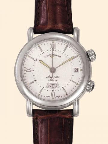 Ulysse Nardin,Le Locle, San Marco Alarm, Ref. 603-77. Produced in the 1990's.Fine, center-seconds, self-winding, water-resistant, stainless steel gentleman's wristwatch with day and date, alarm feature and a stainless steel Ulysse Nardin buckle. Accompani