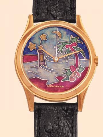 Longines, Ref. 6063-3. Produced in the 1950s. Very fine and unusual, center-seconds, self-winding, 18K yellow gold gentleman's wristwatch with cloisonne enamel dial.
