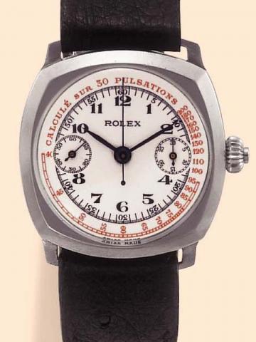 Rolex, Ref. 1226. Produced in the 1930's.Fine and rare, cushion-shaped, stainless steel Staybrite gentleman's wristwatch with coaxial single button chronograph on the crown, register and pulsometer.
