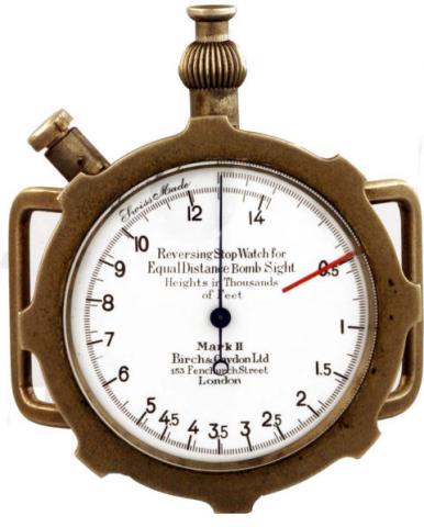 Birch & Gaydon Ltd, 153 Fenchurch Street, London, Mark II, Reversing Stop Watch for Equal Distance Bomb Sight, Height in Thousands of Feet, Ref. 176, Swiss. Produced in the 1940's.Fine and rare, stainless steel, military, single round button, back and for