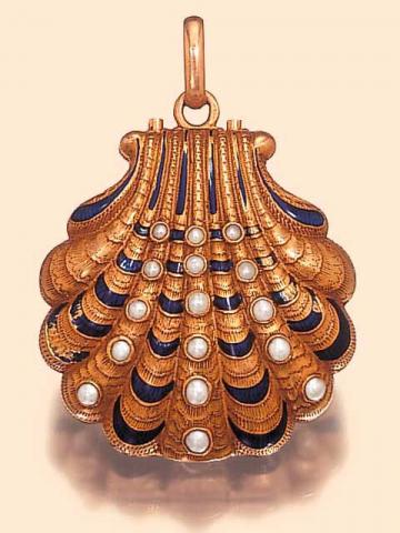 The Scallop Shell. P. Plantier fils, fournisseur de S.M. le Roi, Lisbonne, probably Geneva, circa 1850. Fine and unusual 18K gold and enamel pearl-set form watch with concealed dial, designed as a scallop shell.
