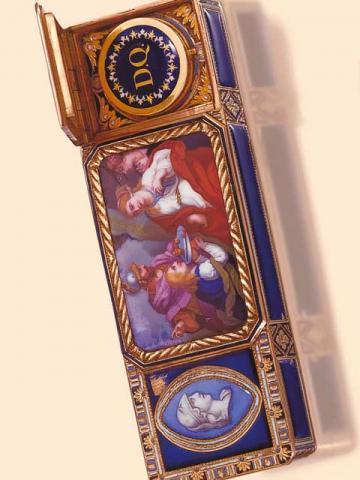 Sophonisba. R_mond & Lamy Co, Geneva, circa 1810. Fine 18K gold and painted on enamel etui fitted with a vinaigrette.