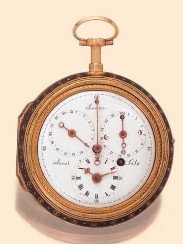 A Flower Isaac Soret et Fils, Geneva, No. 26254, circa 1795. Very fine and rare 18K multicolored gold and painted on enamel pair-cased center seconds quarter-repeating watch with date and ages of the moon.