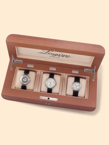 A fine and rare replica set of 3 Longines wristwatches originally produced by Longines in 1915, 1925 and 1930. Retrospec- tively, this set No. 717/1000 is a re-edition produced in 1997 to commemorate the 130th anniversary of the manufacturer and the 165th