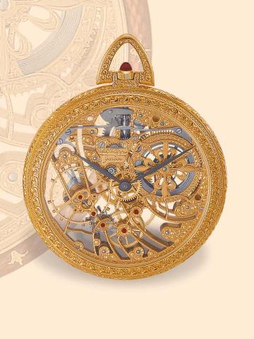 Patek Philippe, Gen_ve, No. 937147, Ref. 894. Sold on April 4, 1995. Very fine and rare, 18K yellow gold, skeletonized, keyless dress watch. Accompanied by a fitted box and certificate.