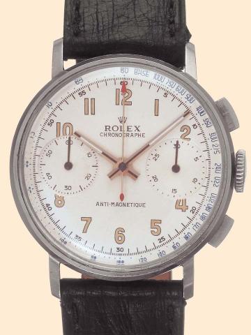 Rolex, ChronographeAnti-Magn_tique, Ref. 3882. Produced in the 1930's.Very fine and rare, stainless steel gentleman's wristwatch with squarebutton chronograph, register, tachometer and a stainless steel Rolexbuckle.