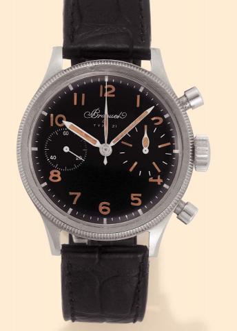 Breguet, Type 21, No. 8171. Produced inthe 1960's.Fine, water-resistant, stainless steelgentleman's wristwatch with round button chronograph and register.