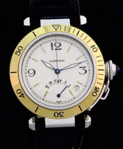 Cartier, Pasha Power Reserve, Ref. 1033. Produced in the late 1990's.Fine, center-seconds, self-winding, water-resistant to 330ft/100m, stainless steel and 18K gold gentleman's wristwatch with date, 45 hours power reserve and a stainless steel Cartier dep