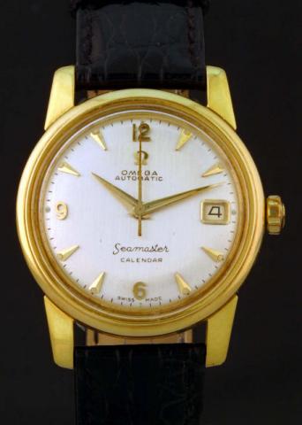 Omega, Seamaster, Automatic, Calendar, No. 16522219, case No. 426290, Ref. 2849 SC. Produced in the late 1950's.Fine, center-seconds, self-winding, 18 yellow gold gentleman's wristwatch with date and an Omega buckle.