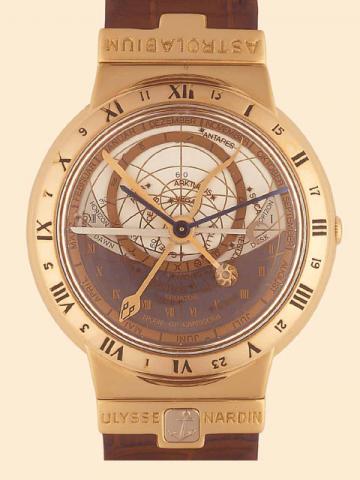 Ulysse Nardin, Locle, Suisse, Astrolabium Galileo Galilei, No. 001, Ref. 911-22. Manufactured in the 1990s. Extremely fine and rare, astronomic, self-winding, water-resistant, 18K yellow gold gentleman's wristwatch with astrolabe indications, months and a