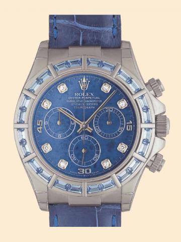 Rolex, Oyster.Perpetual.Superlative.Chronometer Officially Certified, Cos-mograph.Ref. 116589. Manufactured in.1990s..Fine self-winding, water-resistant down to 100.meters, 18K white gold, diamond, blue sapphire.and sodalite wristwatch, with round button 