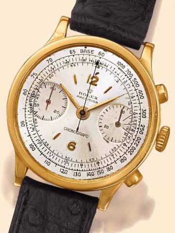 Rolex Precision Cronografo, Ref. 2508. Manufactured circa 1940. Very fine and rare, 18K yellow gold gentleman?s wristwatch with olive-shaped button chronograph, register, tachometer and telemeter.