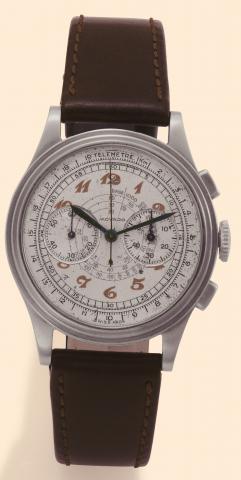 Movado, Ref. 19005. Produced in the 1940s. Fine, stainless steel gentleman's wristwatch with square button chronograph and register.