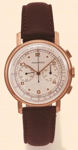 Medical Chronograph Movado, Ref. 9033. Produced in the 1950s. Fine, 18K pink gold gentleman's wristwatch with square button chronograph and register.